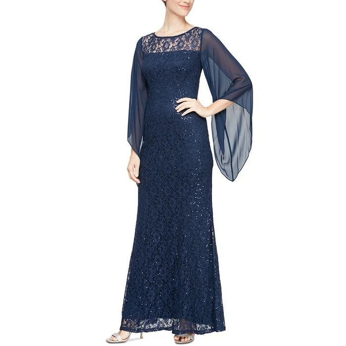 women's retro dressesSL Fashions Women's Embellished Illusion Lace Gown Blue Size 6