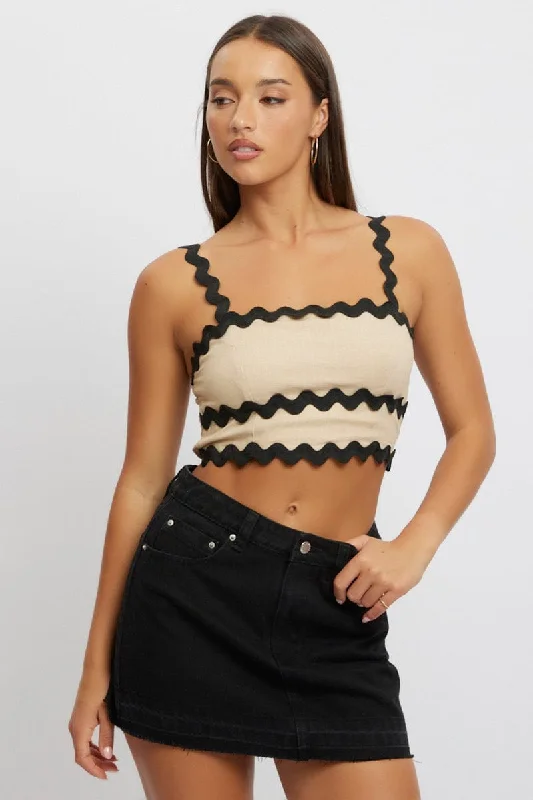 women's tops for those who want to add a bit of flair and personality to their looksBeige Crop Top Sleeveless Shirred Back