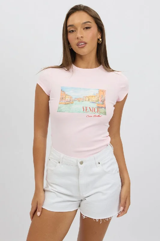 luxury women's topsPink Graphic Tee Short Sleeve