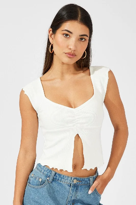 women's tops for those who love to dress up their casual looks with stylish topsWhite Top Split Front Short Sleeve