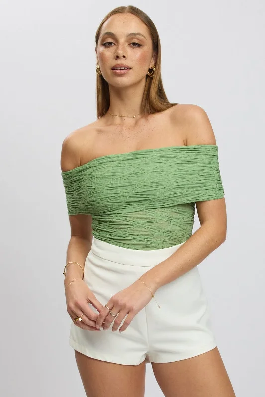 women's tops for cocktail partiesGreen Textured Top Off Shoulder