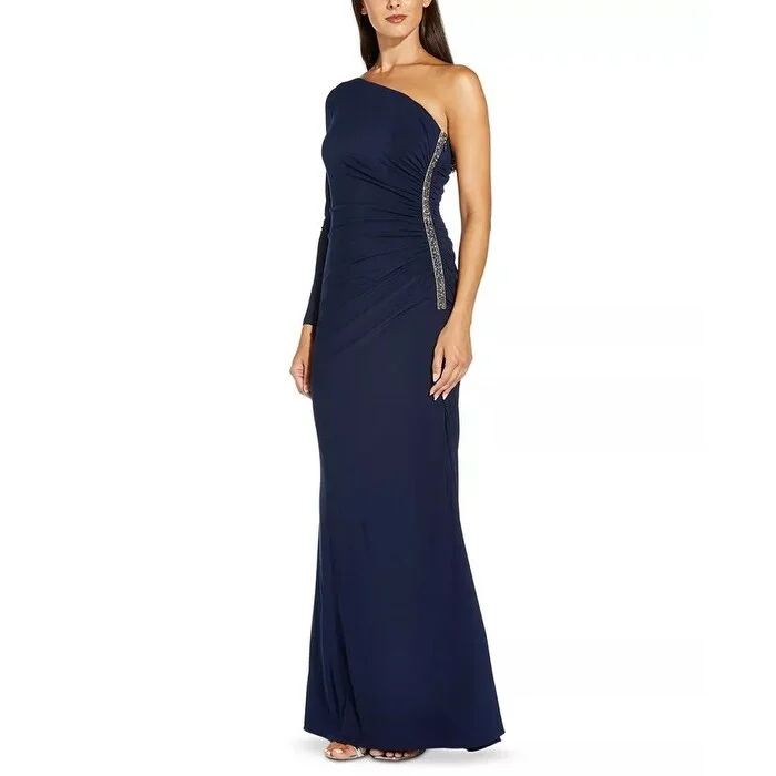 women's vacation dressesAdrianna Papell Women's Embellished One Shoulder Gown Navy Size 12