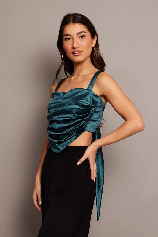 women's tops for those who want to add a pop of color to their outfitsGreen Satin Tie Back Top