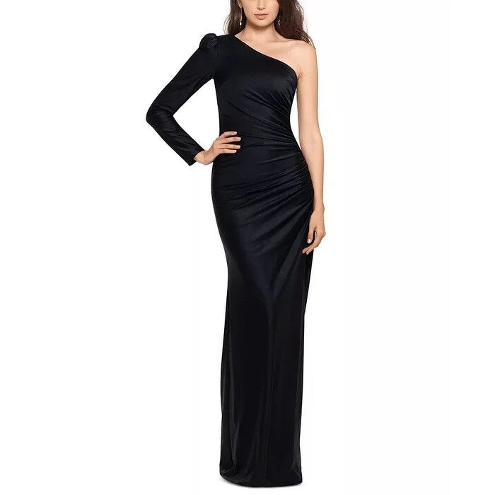 women's ruffle dressesXscape Women's One-Shoulder Satin Gown Black Size 4