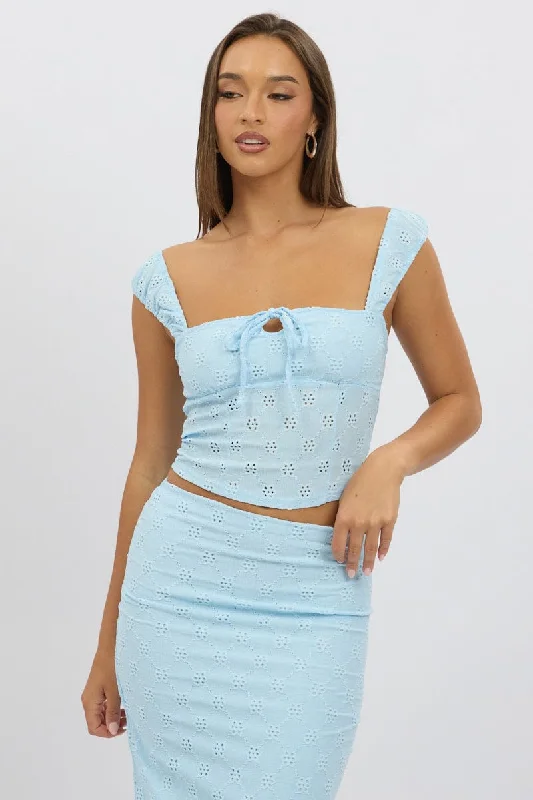 satin women's topsBlue Eyelet Top Sleeveless