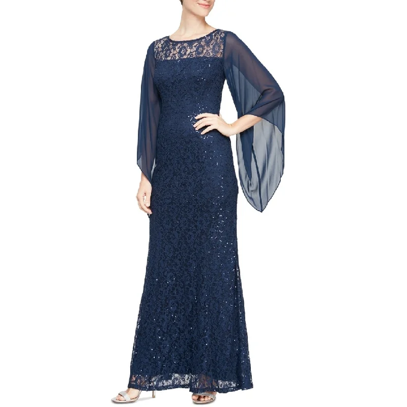 women's petite dressesSL Fashions Women's Embellished Illusion Lace Gown Blue Size 10