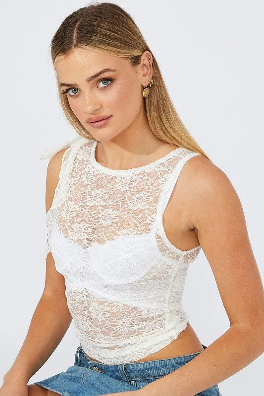 women's tops with sheer overlaysWhite Lace Top Sleeveless