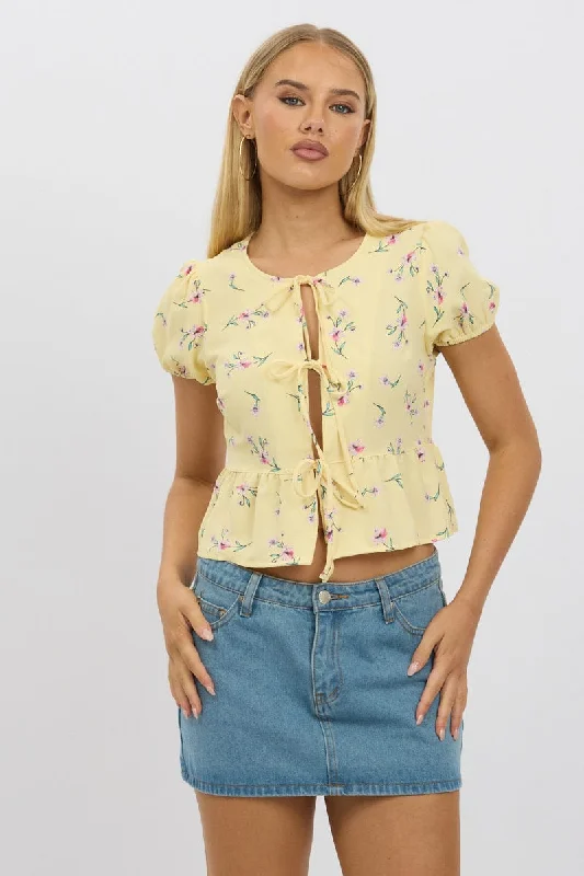 women's tops for those who want to wear versatile pieces that can be dressed up or downYellow Ditsy Tie Front Top Puff Sleeve