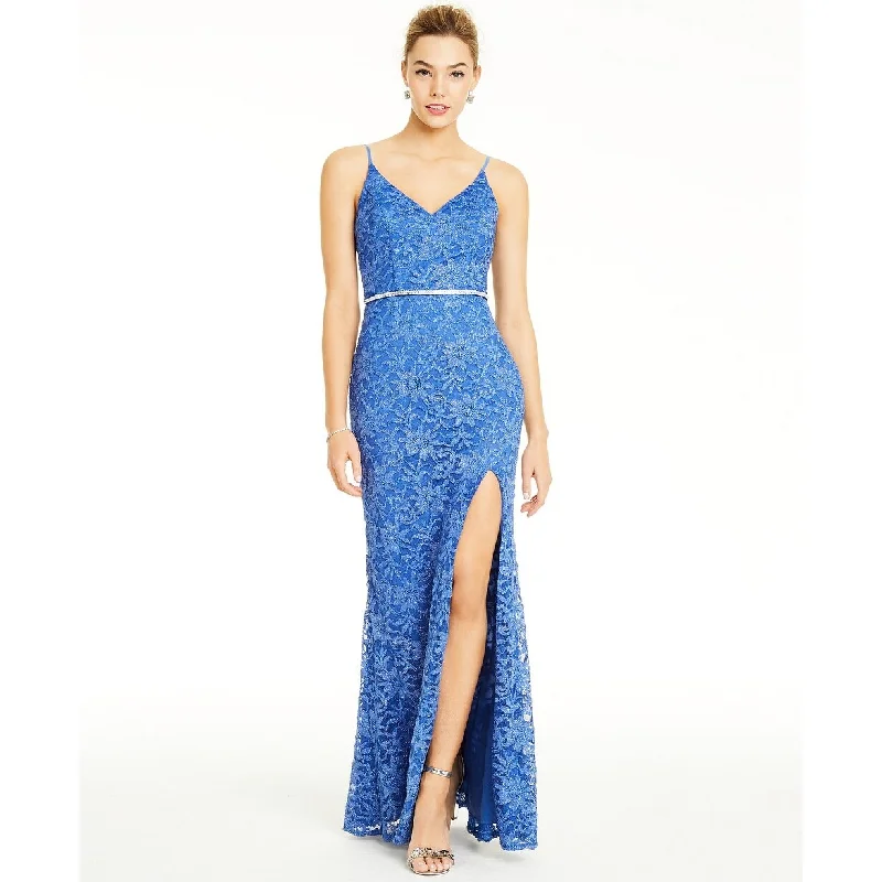 women's travel dressesCity Studios Juniors' Glitter-Lace Slit Gown Blue Silver Size 1