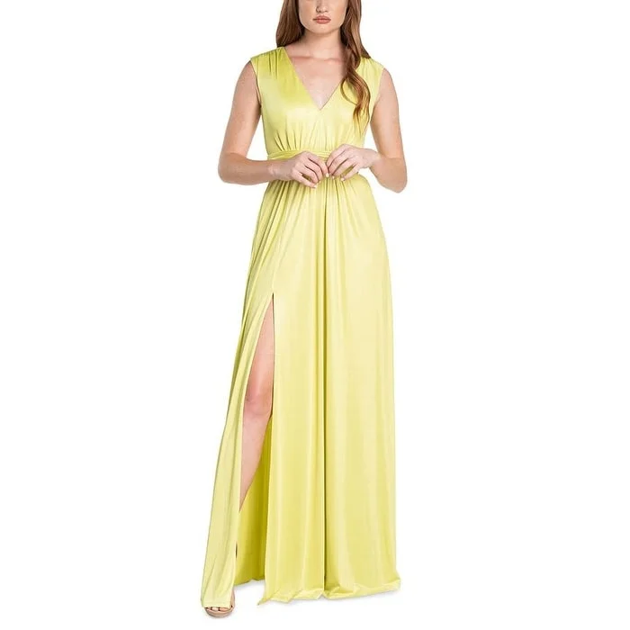 women's flowy dressesDress The Population Women's Krista Plunge Neck Side Slit Gown Yellow Size Xx-Small