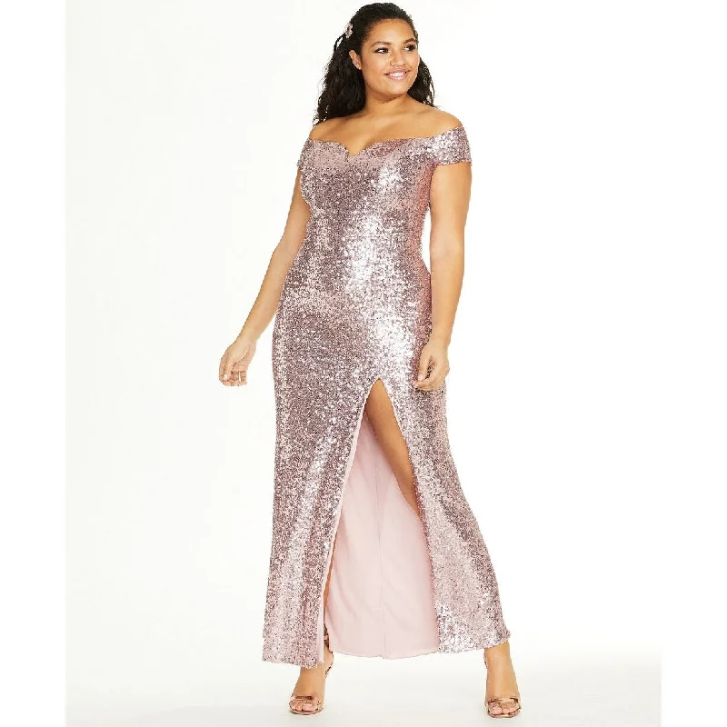 women's ethical fashion dressesB Darlin Women's Trendy Off The Shoulder Sequined Gown Pink Size 20