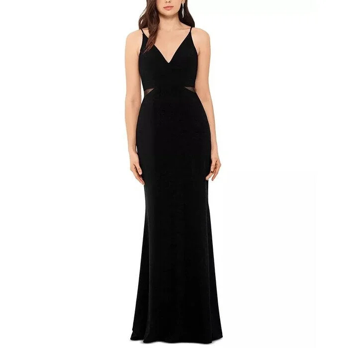 women's pear-shaped body dressesXSCAPE Women's V Neck Mesh Detail Gown Black Size 4