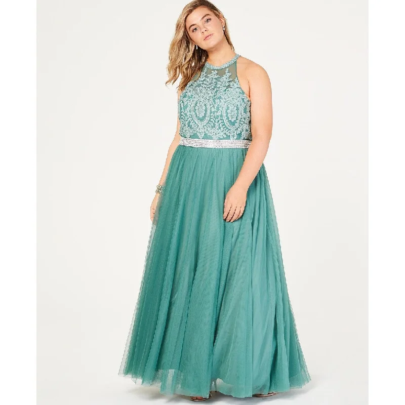 women's cold-shoulder dressesCity Studios Women's Trendy Plus Size Rhinestone Tulle Gown Green Size 20W