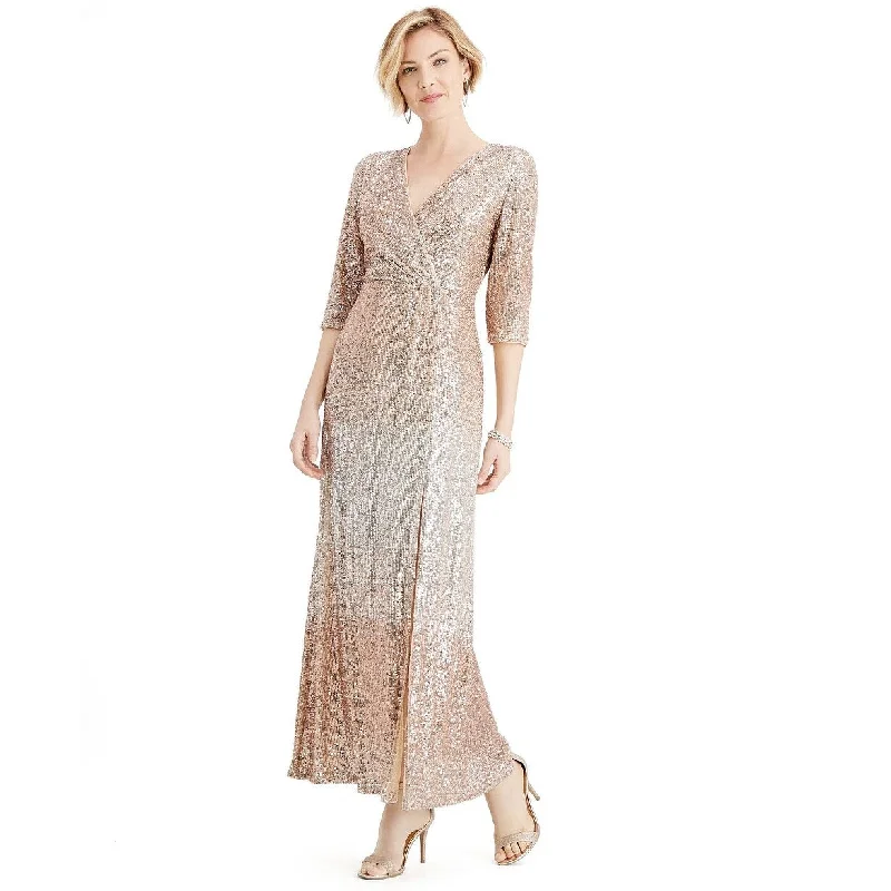 women's designer dressesR & M Richards Women's Petite Sequined Gown Beige Size 14P