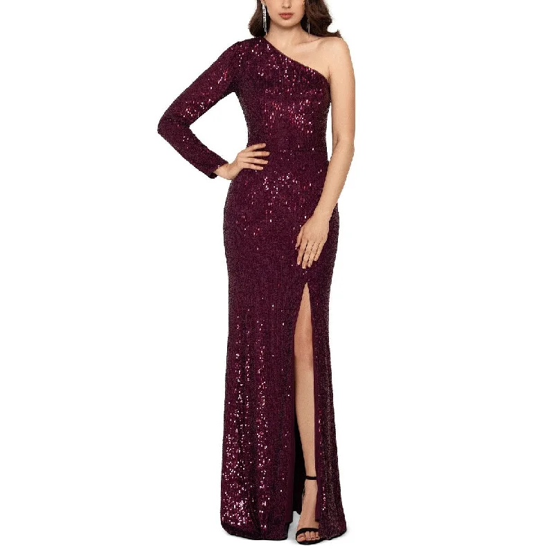 women's curve-hugging dressesXscape Women's Sequinned One-Shoulder Gown Red Size 14