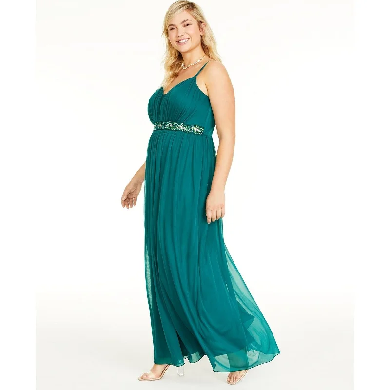 women's designer dressesTeeze Me Women's Trendy Plus Rhinestone Trim Gown Green Size 22