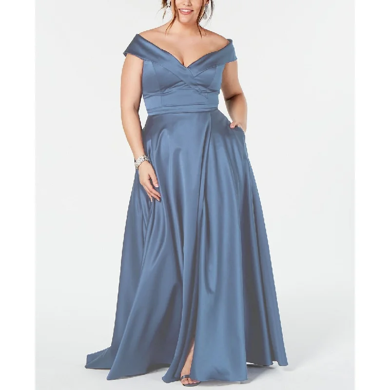 women's stretchy dressesXscape Women's Plus Size Off-The-Shoulder Gown Blue Size 18W