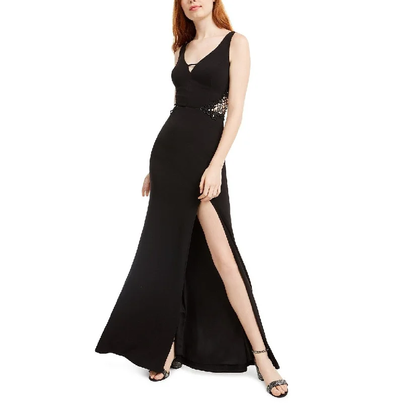 women's luxury dressesCity Studios Juniors' Embellished-Applique Slit Gown Black Size 15