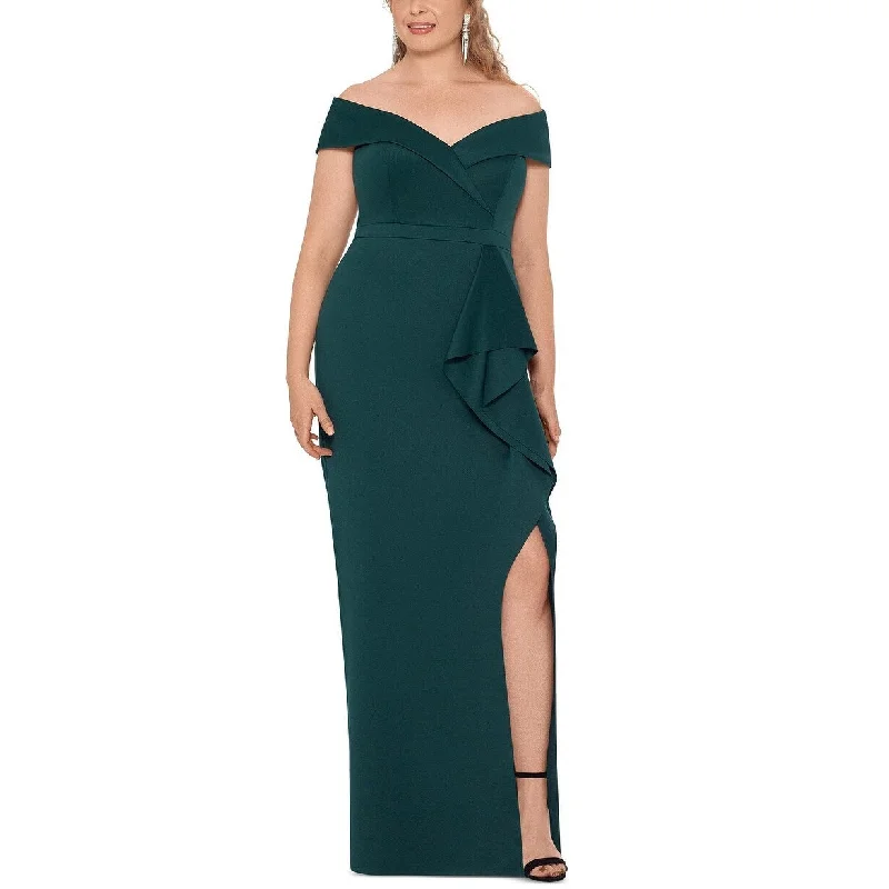 women's bodycon dressesXscape Women's Plus Size Ruffled Off-The-Shoulder Gown Green Size 16