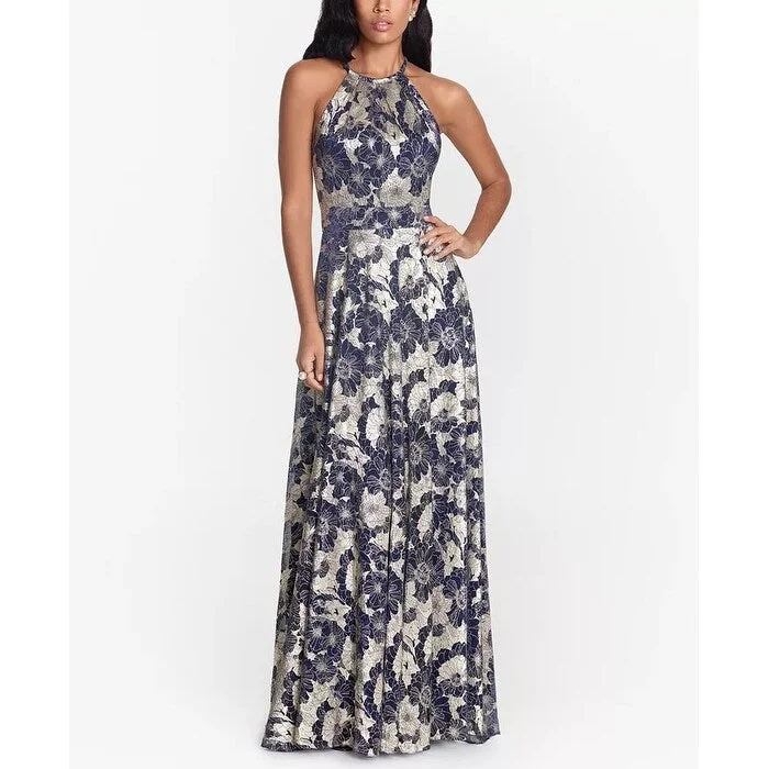 women's off-the-shoulder dressesBetsy & Adam Women's Metallic Floral Halter Gown Blue Size 6