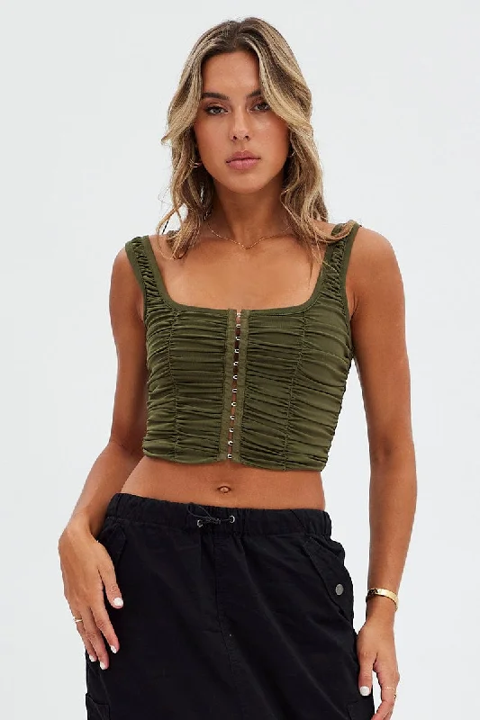 off-the-shoulder women's topsGreen Lace Up Top Sleeveless Mesh