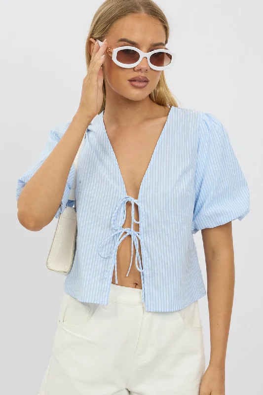 spaghetti strap women's topsBlue Stripe Tie Front Top Puff Short Sleeve