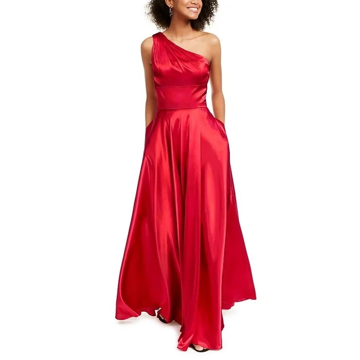 women's metallic dressesBlondie Nites Junior's One Shoulder Strappy Satin Gown Red Size 1