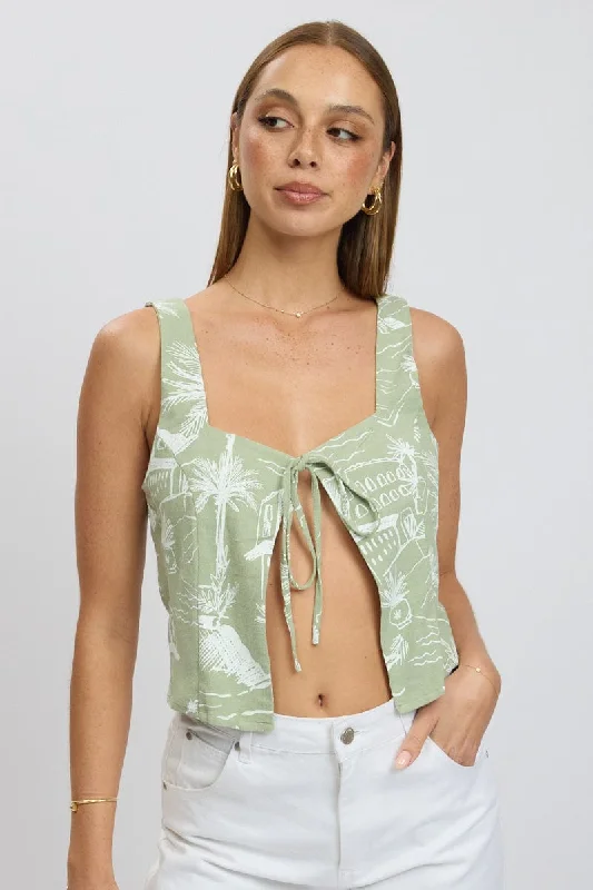 women's tops that offer a perfect blend of style, comfort, and affordabilityGreen Abstract Tie Front Top Sleeveless