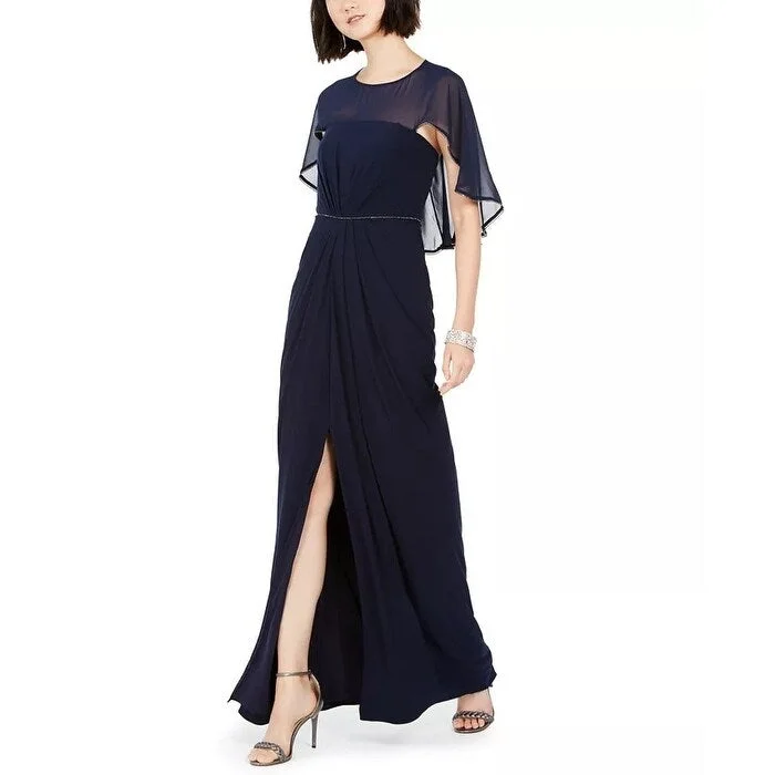 women's wedding guest dressesAdrianna Papell Women's Ruched-Cape Gown Navy Size 4