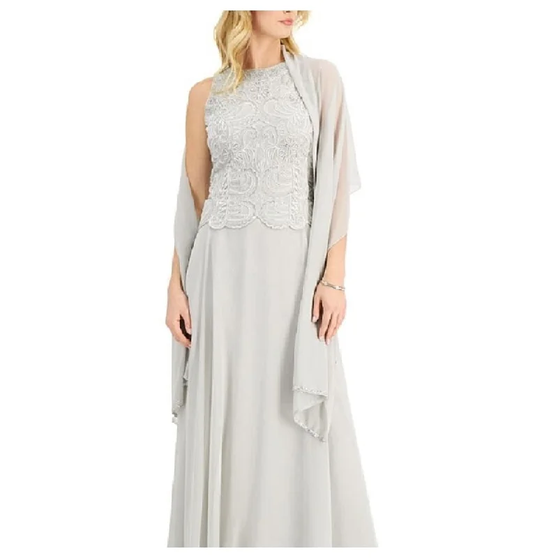 women's pear-shaped body dressesJ Kara Women's Beaded Gown & Chiffon Scarf Silver Size 6