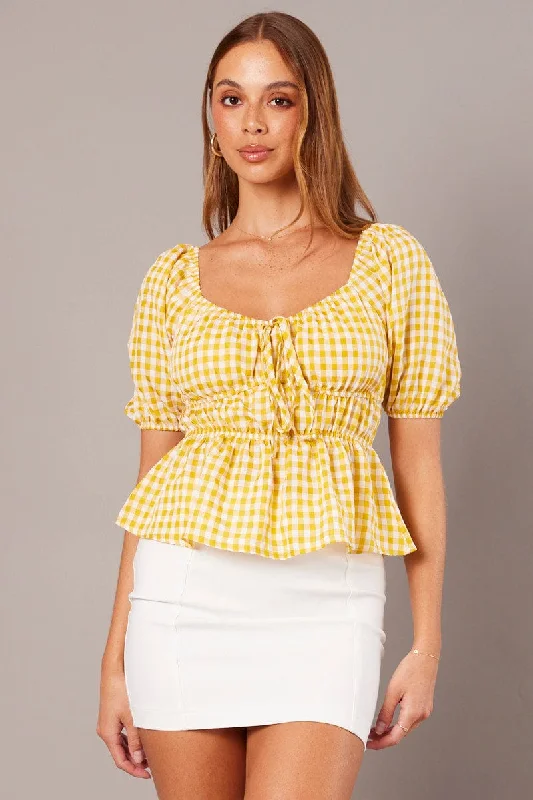 women's tops for those who want to add a touch of elegance and sophistication to their everyday wearYellow Check Ruched Peplum Top Short Sleeve