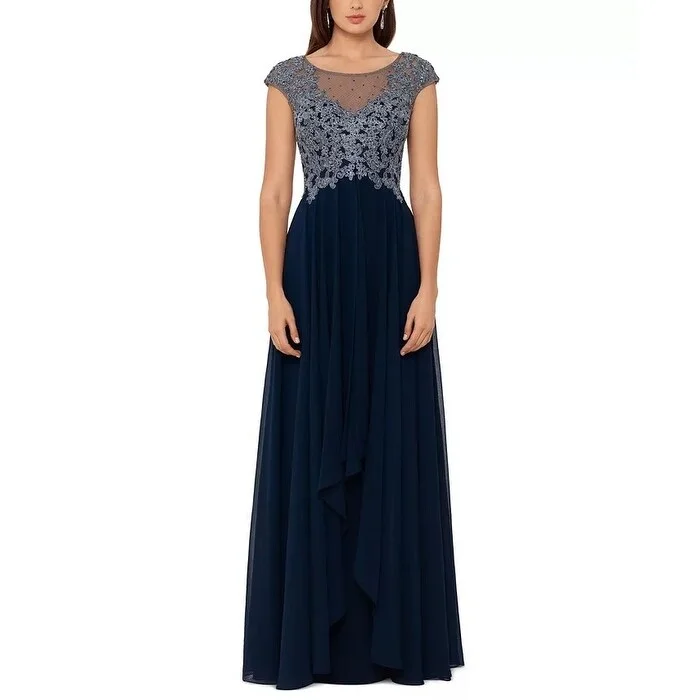 women's maternity dressesXSCAPE Women's Embroidered Top Chiffon Gown Blue Size 12