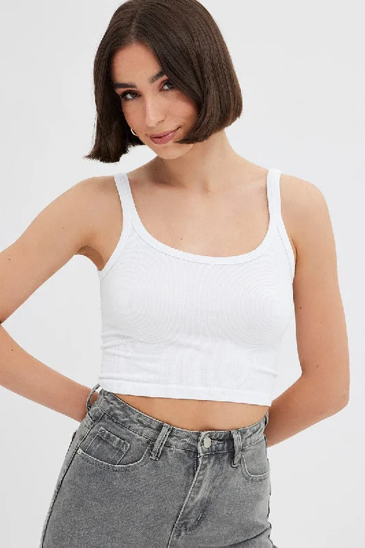 women's tops made from cottonWhite Singlet Top Round Neck