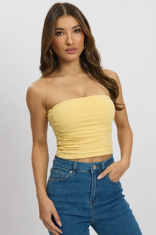 women's tops with cold-shoulder cuts and lace detailingYellow Bandeau Top Side Rushed Supersoft