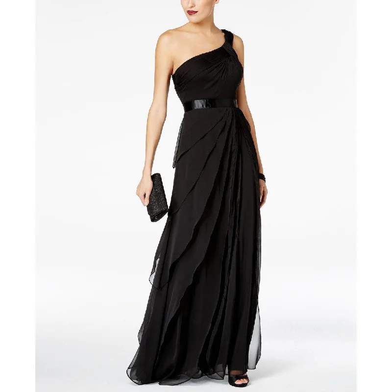 women's designer dressesAdrianna Papell Women's One-Shoulder Tiered Chiffon Gown Black Size 12