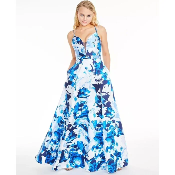 women's prom dressesSequin Hearts Juniors' Floral-Print Double-Strap Gown Blue Size 13