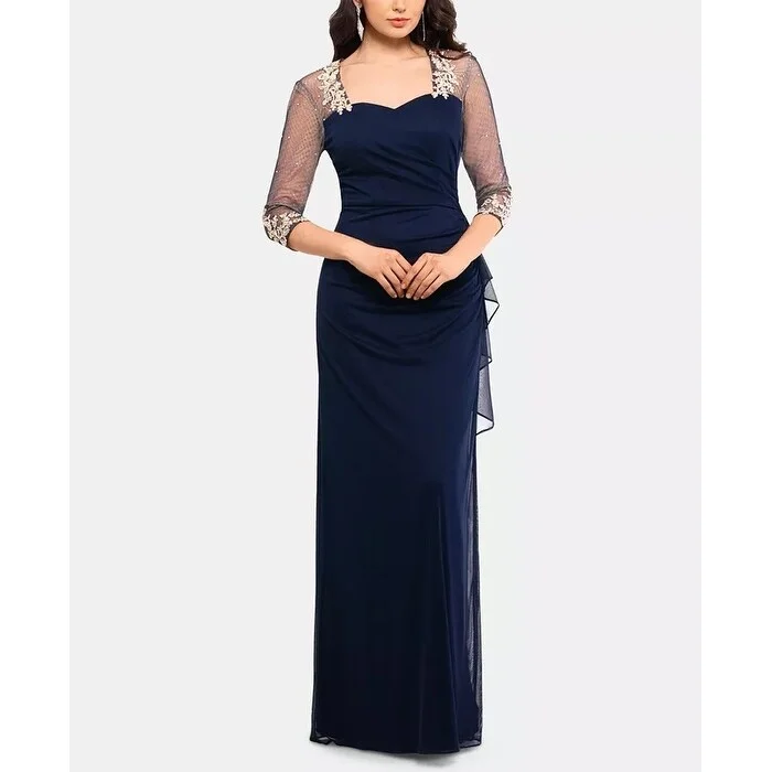 women's machine-washable dressesXSCAPE Women's Embellished Illusion Gown Dark Blue Size 10 Petite - 10 Petite