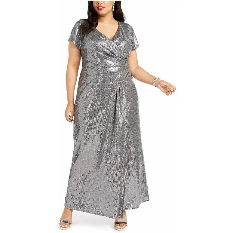 women's vacation dressesR & M Richards Women's Plus Draped Sequined Gown Silver Size 16W