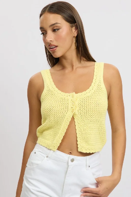 women's tops for vintage fashion enthusiastsYellow Crochet Knit Vest