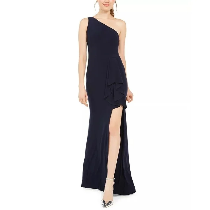 women's ruffle dressesBlondie Nites Juniors' One-Shoulder Slit Gown Navy Size 5