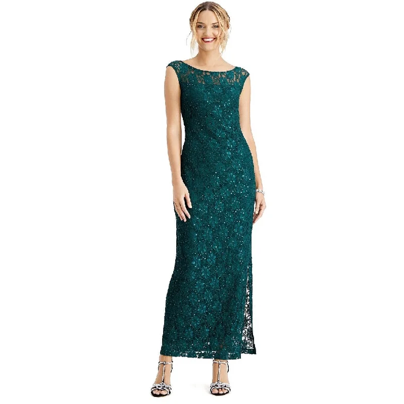 women's stretchy dressesConnected Women's Sequined Lace Slit Gown Dark Green Size 8