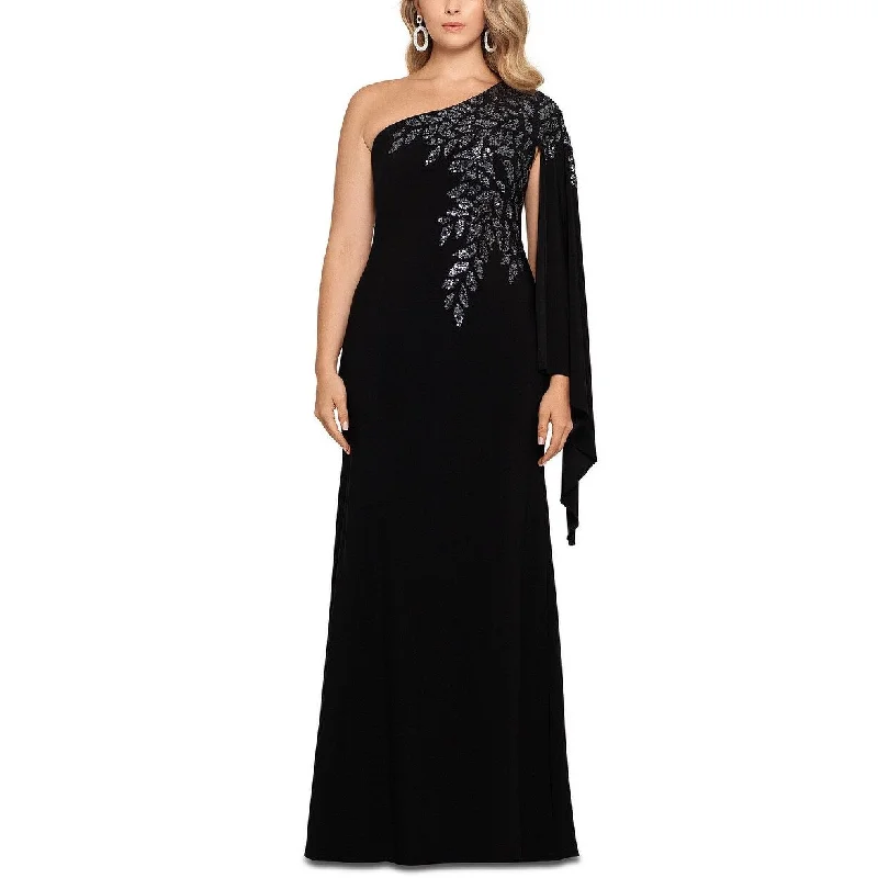 women's one-shoulder dressesXscape Women's Plus Size One-Shoulder Beaded Cape Gown Black Size 14W