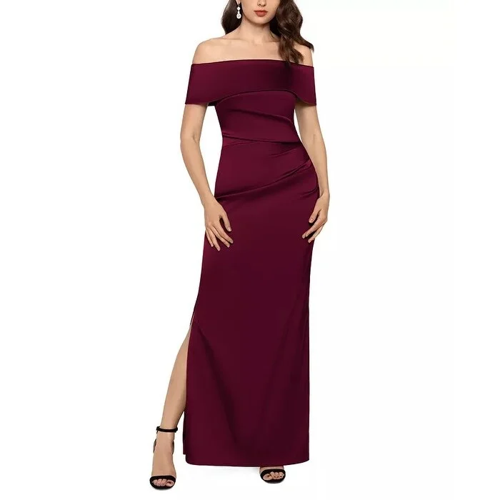 women's flutter-sleeved dressesBetsy & Adam Women's Off-The-Shoulder Satin Slit Gown Purple Size 6