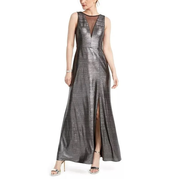 women's plus-size dressesNightway Women's Metallic Illusion-Mesh Gown Gray Size 8