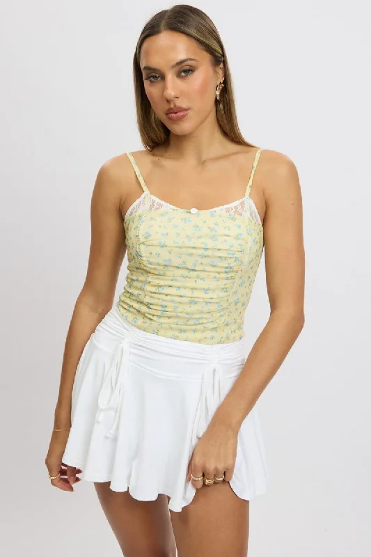 women's tops for those who love bold and vibrant colorsYellow Ditsy Mesh Singlet Top