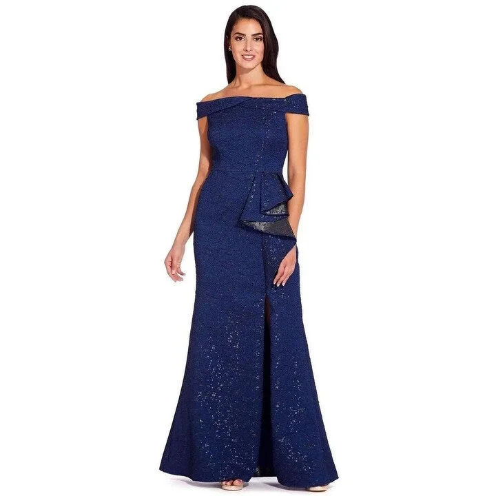 women's cinched-waist dressesAdrianna Papell Women's Off The Shoulder Gown Navy Size 8