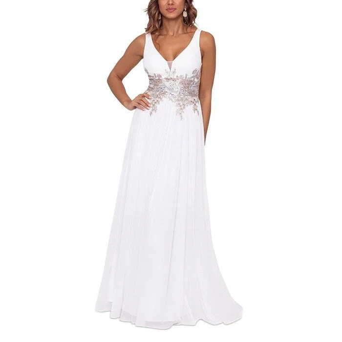 women's solid color dressesBetsy & Adam Women's V Neck Mesh Waist Embroidered Chiffon Gown White Size 6