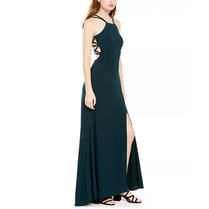 women's flowy dressesMorgan & Company Junior's Ladder Back Halter Gown Dark Green Size 9