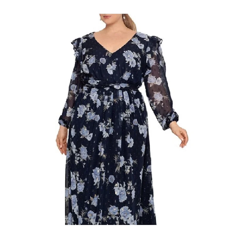 women's short-sleeved dressesBetsy & Adam Women's Floral Chiffon Gown Blue Size 14W