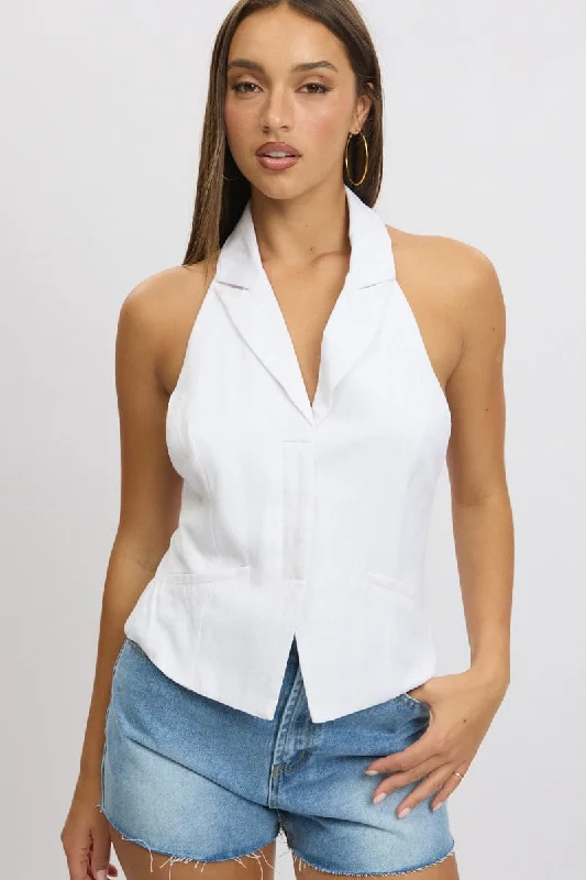 women's tops for those who want to add a touch of elegance and sophistication to their everyday wearWhite Vest Top V Neck Halter Neck Open Back